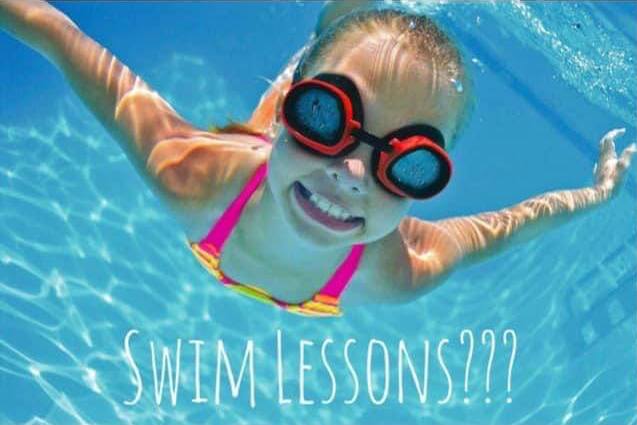 girl swimming underwater with goggles and wording over top asking if you've registered for swim lessons